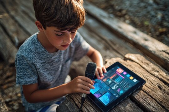 A young boy uses a microphone and tablet for recording music outdoors, enjoying creative digital playtime.