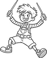 Jumping child, cartoon drawing, drumsticks raised, joyful movement, black and white sketch, playful energy, striped shirt, overalls, dynamic pose, smiling face