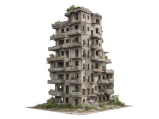 Ruined concrete building overgrown with vegetation post apocalyptic scene, Isolated On White Background, Png Transparent