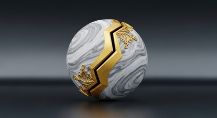 Marble sphere with golden ornate band, abstract design on dark gradient background