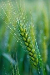 Close-up of a green wheat stalk with water droplets.