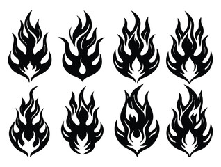 Dynamic black silhouette flames set wildfire symbol abstract shapes energetic design elements