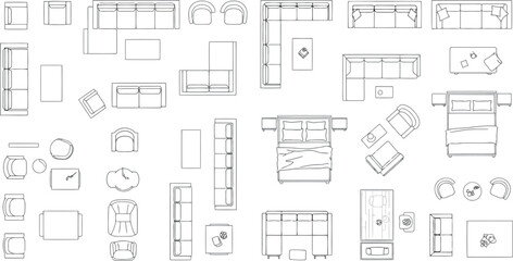 Vector vector art of collection of furniture and home decor elements in topdown view, transparent background