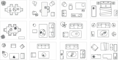 Vector vector art of collage of various furniture and interior design elements in topdown view, transparent background