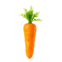 Isolated single orange carrot with green leafy top against a plain white studio background image view grainy