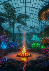 A mystical, enchanted greenhouse filled with bioluminescent flora and exotic plants, centered around a vibrant, glowing campfire under a glass ceiling