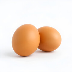 A simple still life featuring two brown eggs arranged on a plain white surface in a studio setting grainy