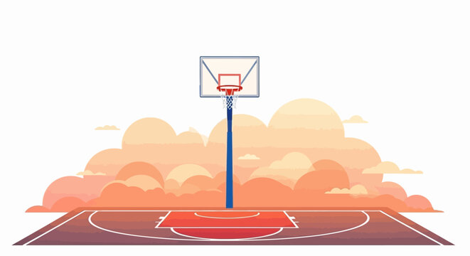 Empty basketball court with hoop against a vibrant sunset sky - Powered by Adobe