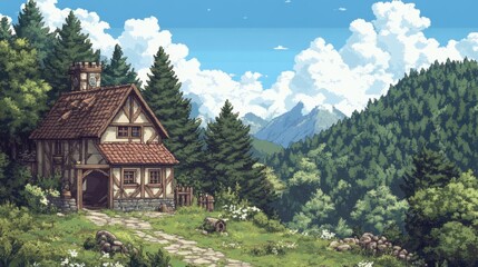 Pixel Art Depicting a Medieval Castle Surrounded by Lush Greenery and Majestic Mountains Under Clear Blue Sky