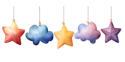 Watercolor Hanging Cloud and Star Decorations in Soft Pastel Colors for Nursery or Baby Shower