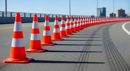 Orange traffic cones lined up on a highway.