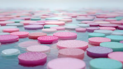Soft lighting emphasizes floating jelly pads on dense candy-colored river