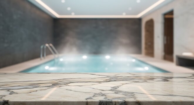 Mockup of luxurious indoor swimming pool with steam rising from the water, creating a relaxing atmosphere for commercial usage