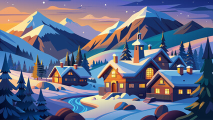 Lofi art style illustration of a cozy European mountain village during winter, surrounded by snowy peaks and pine forests, warm glowing lights from small houses
