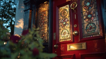 Red door with colorful stained-glass panels at dusk, with plant in foreground