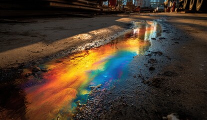 Colorful puddle reflecting sunlight on a construction site
