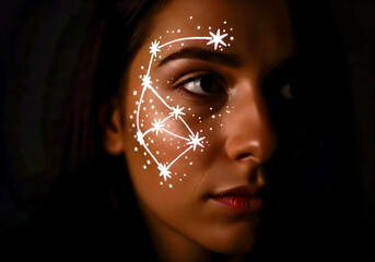Closeup portrait of a young womans face adorned with intricate white constellation face paint, resembling stars and celestial patterns against a dark, mysterious background