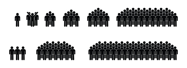 stickman icon set, leader of group of people, isolated pictogram of human silhouettes	
