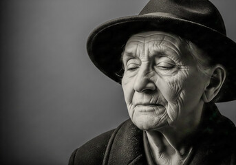 Black and white closeup portrait of an elderly woman wearing a hat, with her eyes closed, conveying a sense of peace, wisdom, and reflection on lifes journey