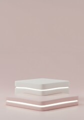 Mockup of minimalist 3d render of two geometric pedestals with soft lighting on a pastel pink background for commercial usage