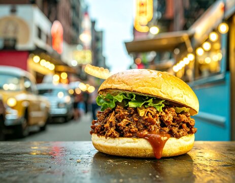 Juicy sloppy joe sandwich with lettuce dripping sauce on table blurry city street background