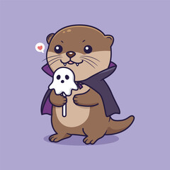 Cute Halloween Otter Vampire Holding Ghost Lollipop. vector illustration
