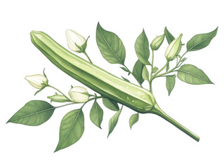 Green okra pod with leaves and unopened white flowers against a black backdrop