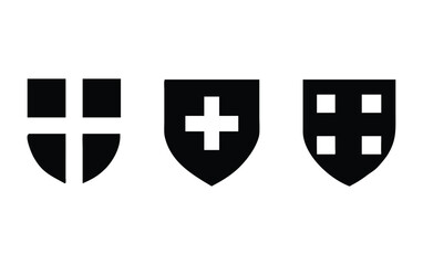 Three black shields with white cross and square symbols heraldic emblems for design