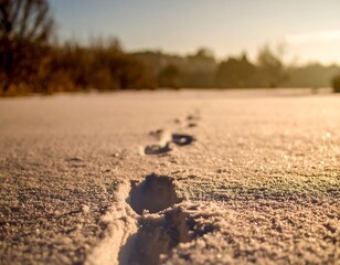 Footprints in the snow leading towards a distant tree line under a warm low sun