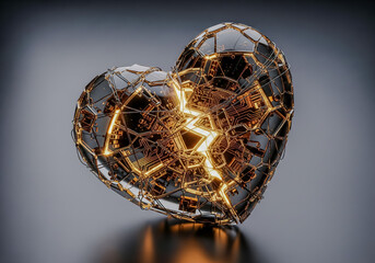 A 3d rendering of a broken heart made of intricate geometric metal and glowing golden light, symbolizing heartbreak, pain, and emotional damage with a modern, abstract aesthetic