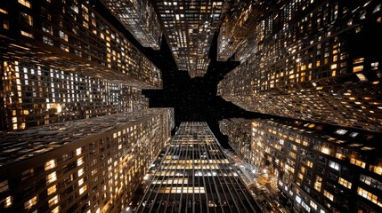 Illuminated skyscrapers at night.