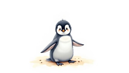 Obraz premium Adorable baby penguin illustration in soft watercolor style, isolated on white background. Perfect for children’s books, nursery decor, winter themes, and cute animal designs.