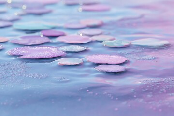 Soft ripples beneath jelly pads on still bubblegum river in evening hue