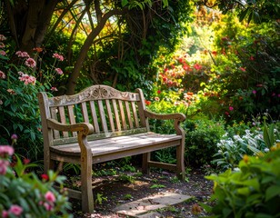 Wooden bench in a vibrant garden