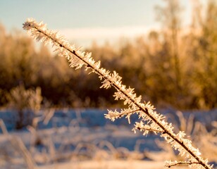 Naklejka premium Frosted branch illuminated by golden sunlight in a winter landscape Nature