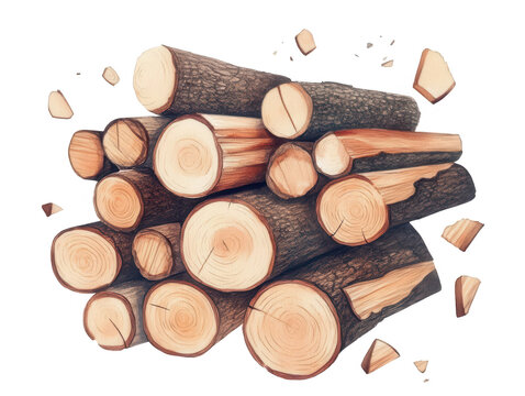watercolor wood logs pile, brown, white background clip art preview