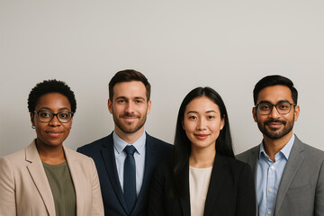 Diverse Team Portrait: Business Professionals Smiling Against a Neutral Background