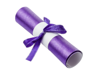 Purple glitter rolled paper certificate with ribbon, Isolated On White Background, Png Transparent