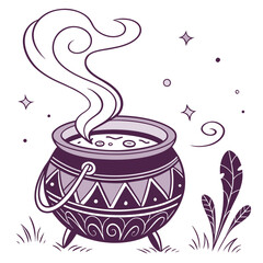 Vector art of a cauldron with purple smoke, with white background