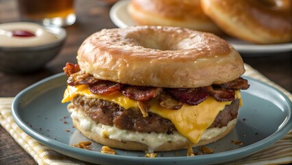 Classic Beef And Cheese Breakfast Doughnut Stuffed With Egg And Crispy Bacon, Golden Savory Pastry, Unique Sweet And Savory Fusion, Hearty Morning Treat And Comfort Food Delight