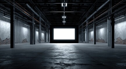 Industrial warehouse interior with blank screen