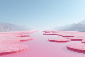 Soft-edged jelly pads aligned over bright pink bubblegum river landscape