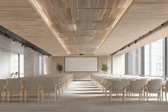 Modern conference hall with light wood accents