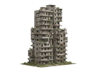 Ruined apartment building overgrown with vegetation post apocalyptic scene, Isolated On White Background, Png Transparent