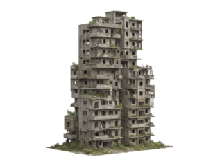 Ruined apartment building overgrown with vegetation post apocalyptic scene, Isolated On White Background, Png Transparent