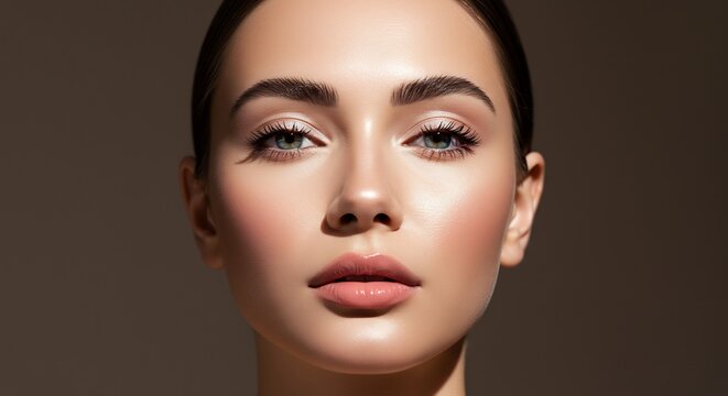 Closeup portrait of a woman with flawless skin prominent eyebrows glossy lips and light eyes