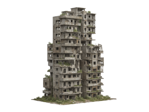 Ruined apartment building overgrown with vegetation post apocalyptic scene, Isolated On White Background, Png Transparent