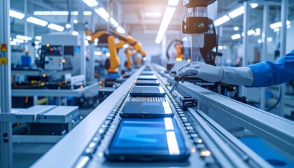Automated production line assembling electronic devices with robotic arms in modern factory