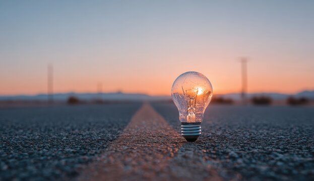 Lightbulb on road at sunset