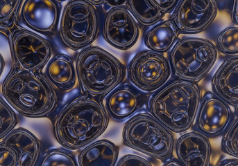An abstract macro photograph of a textured, metallic surface with a dark blue and golden hue, showcasing intricate patterns and reflective qualities